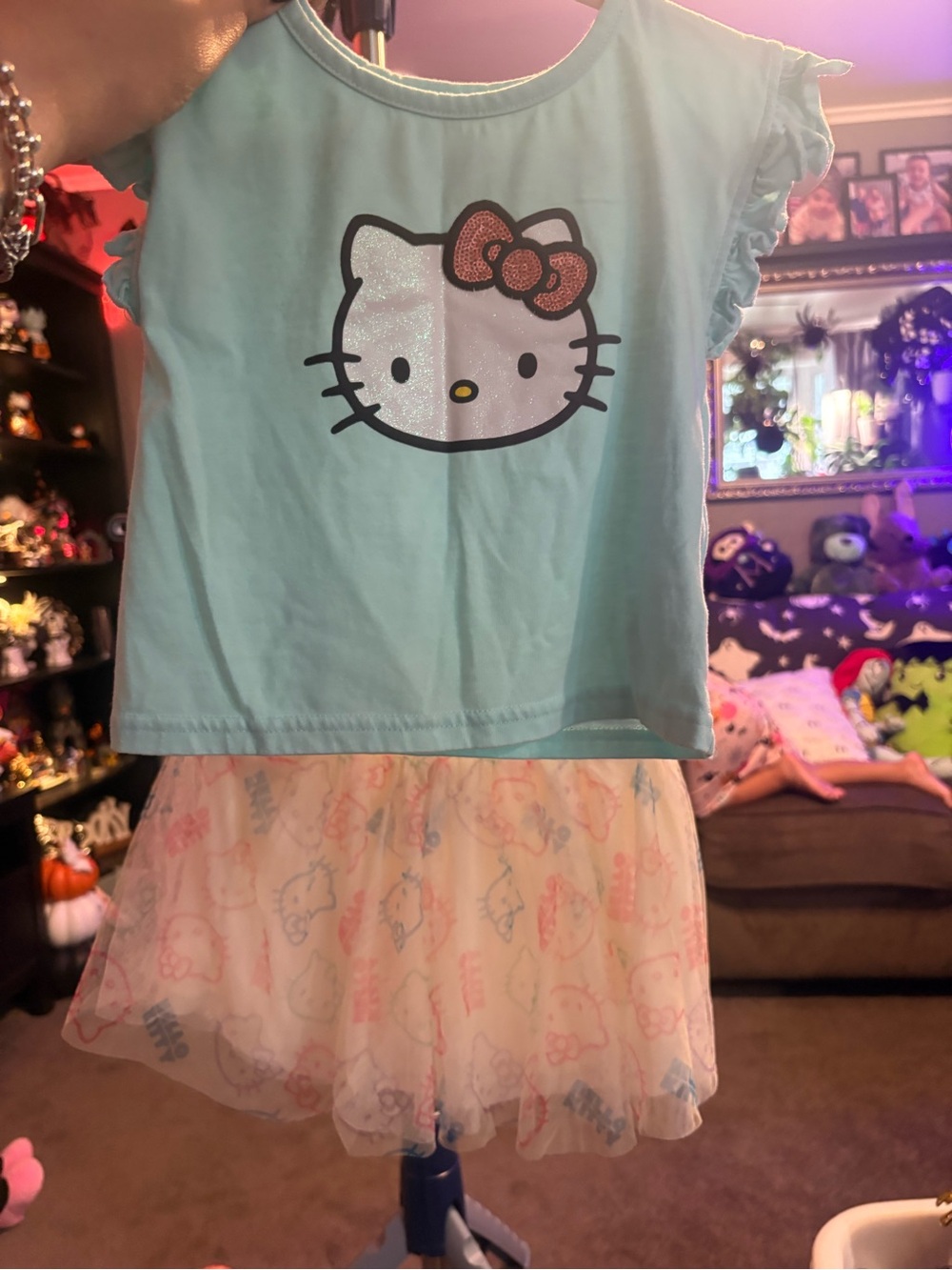 Hello Kitty Girls' Light Blue Ruffle Sleeve Top with matching skirt set